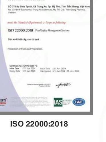 ISO 22000:2018 food safety management certificate issued to Loc Phat Fruits